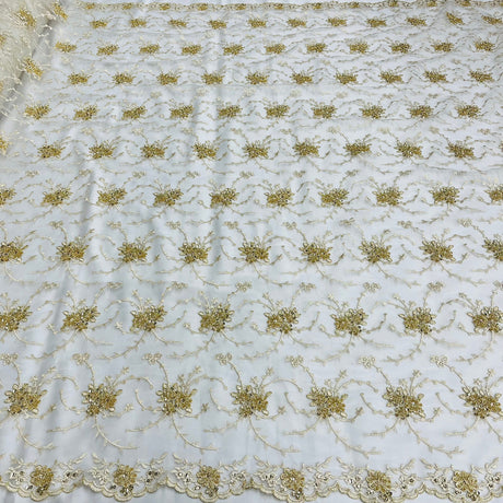 1 Yard Deluxe Beaded and Corded Bridal Lace Fabric Embroidered on Polyester Net Mesh