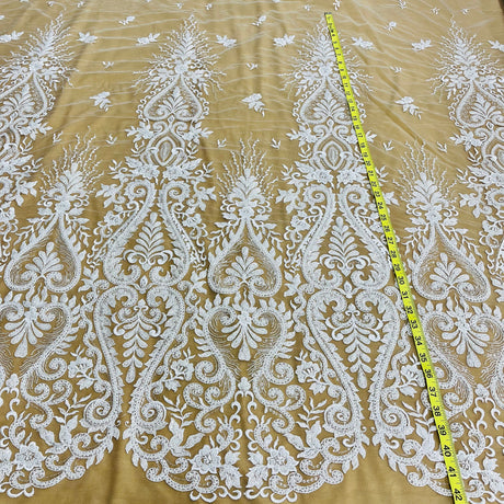 Beaded Lace Fabric Embroidered On 100 Percent Polyester Net Mesh - White, Ivory, Antique Silver, 54" Width (1 Yard)