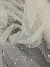 Glitter Mesh Fabric With Scattered Pearls - 2-Way Stretch Sheer Mesh, 60" Width (1 Yard)