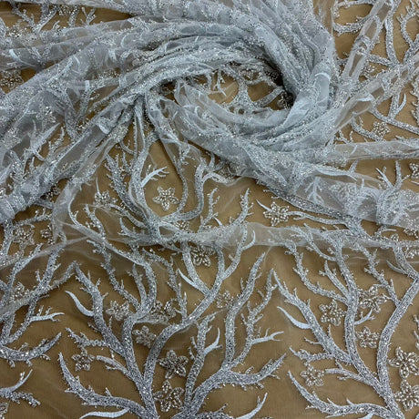 Beaded Lace Fabric Embroidered With Fuzzy Thread On 100 Percent Polyester Net Mesh - Ivory, Silver, White, Gold, 54" Wide (1 Yard)