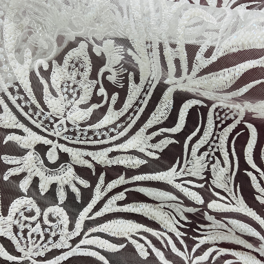 1 Yard Beaded Lace Fabric Embroidered on 100% Polyester Net Mesh | Off White