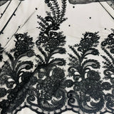 Beaded & Corded Bridal Lace Polyester Fabric - Black, 56" Width (1 Yard)