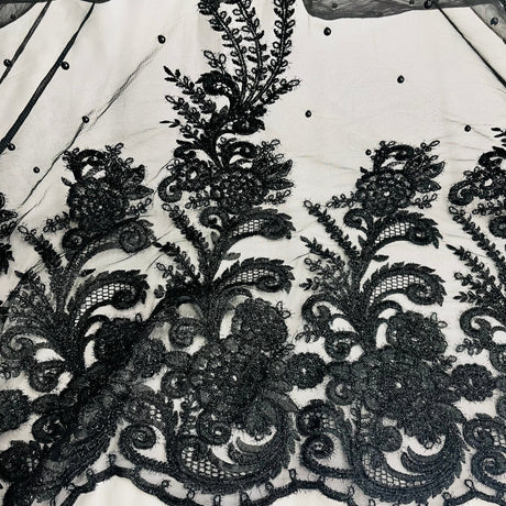 Beaded & Corded Bridal Lace Polyester Fabric - Black, 56" Width (1 Yard)
