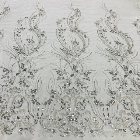 Beaded Lace Fabric - Embroidered On 100 Percent Polyester Net Mesh, Gold, Silver, Ivory, White, 54" Width (1 Yard)