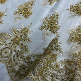 1 Yard Glamorous Beaded and Corded Lace Fabric Embroidered on 100% Polyester Net Mesh White