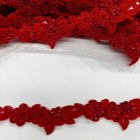Beaded & Corded Lace Trimming Embroidered On 100% Polyester Net Fabric - 1.5" Width, Multiple Colors (1 Yard)
