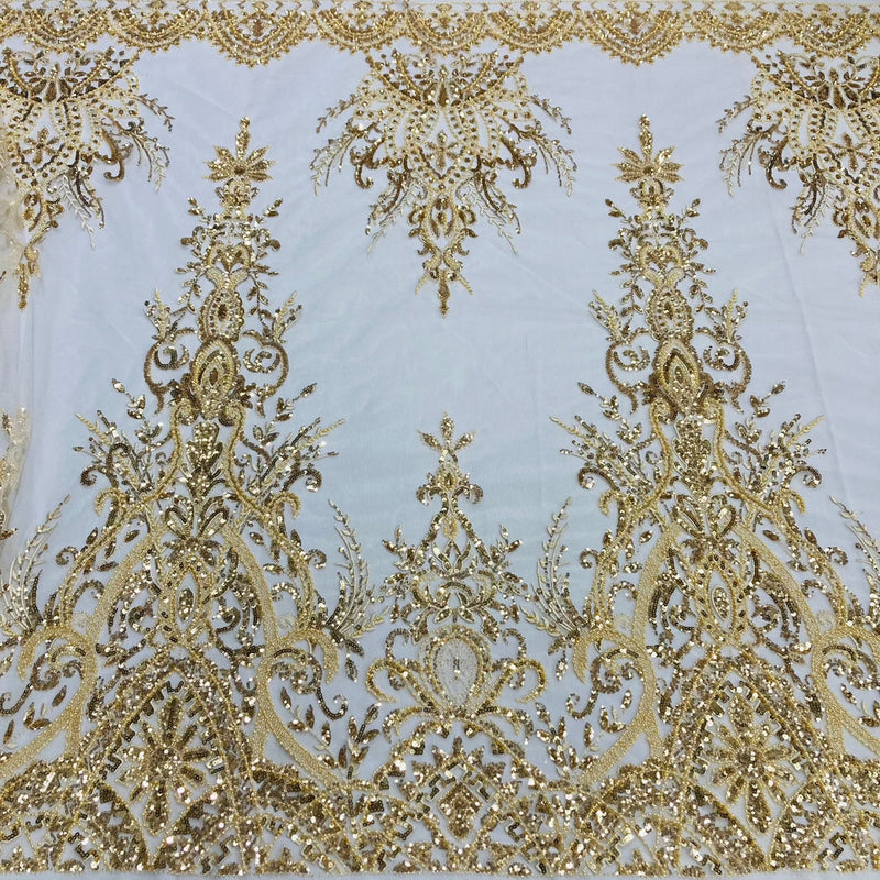 1 Yard Beaded Lace Fabric Embroidered on 100% Polyester Net Mesh, White, Ivory, Gold, and Silver