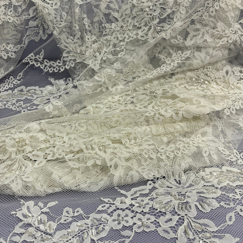 3 Yards Beaded Chantilly Embroidered Lace Fabric with Eyelash Scallop 56" Wide Ivory