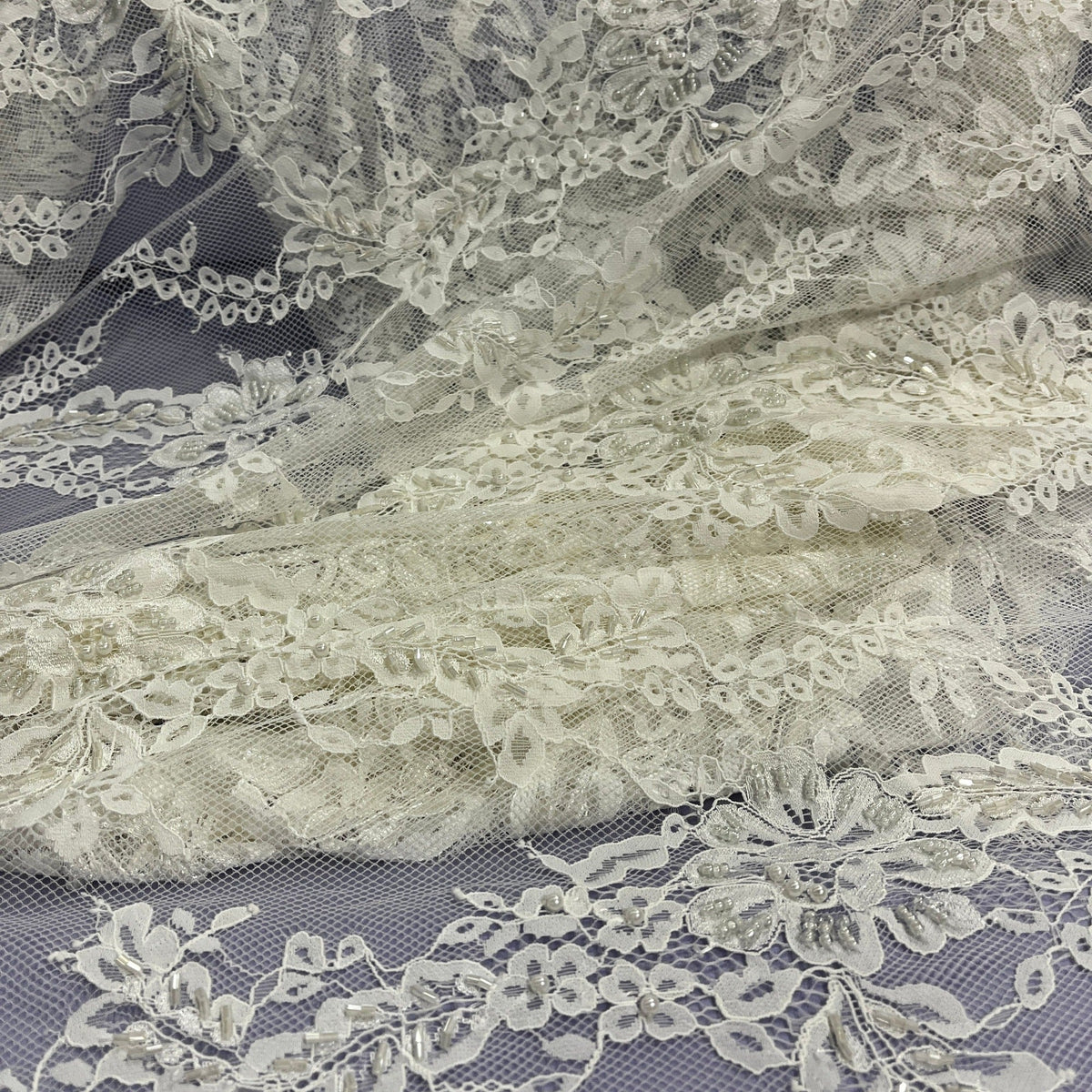 3 Yards Beaded Chantilly Embroidered Lace Fabric with Eyelash Scallop 56" Wide Ivory