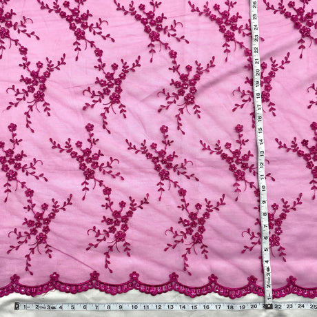 Beaded Lace Fabric Embroidered On 100 Percent Polyester Net Mesh - Red, Fuchsia, Royal Blue, Beaded Embroidered Lace, 54" Width (1 Yard)