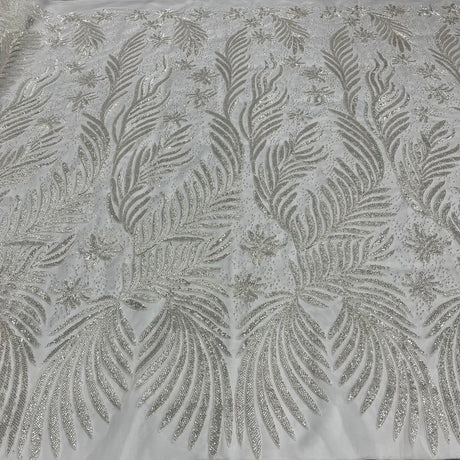 1 Yard Beaded & Corded Bridal Lace Fabric Embroidered on 100% Polyester Net Mesh