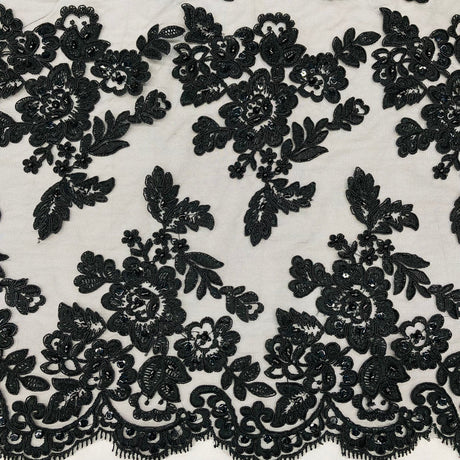 1 Yard Beaded and Corded Bridal Lace Fabric Embroidered on Polyester Net Mesh