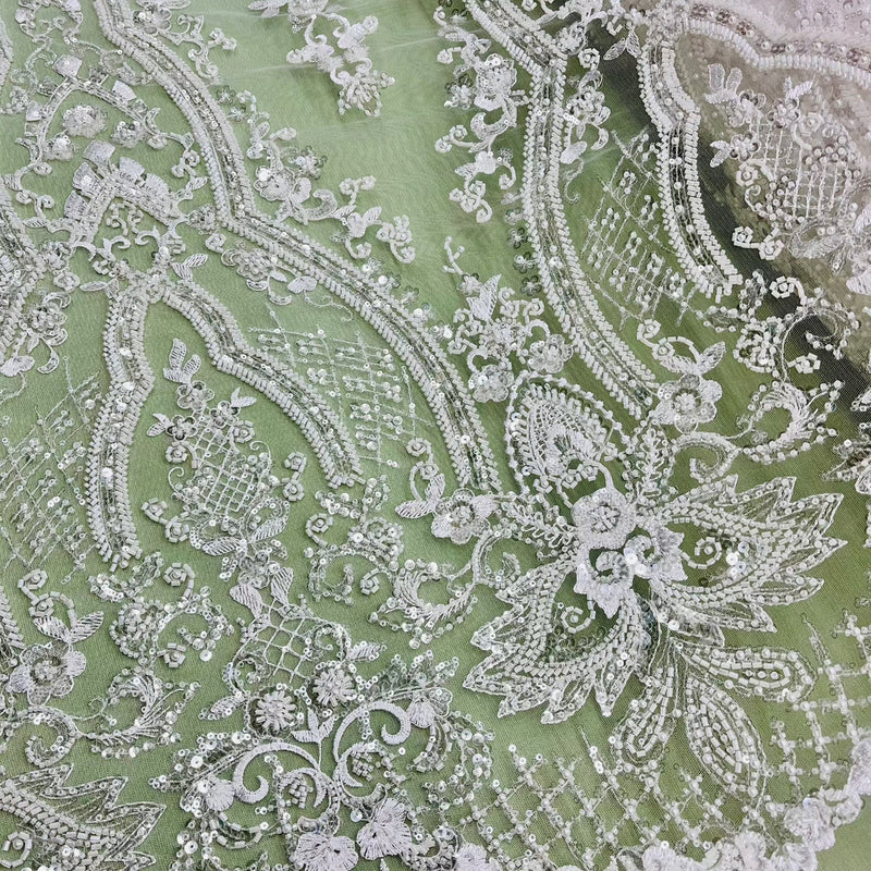 1 Yard Beaded Lace Fabric Embroidered on 100% Polyester Net Mesh, Elegant Sheer Textile