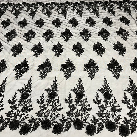 Beaded 3D Floral Lace Polyester Fabric - Black, Skin, Silver, 52" Width (1 Yard)