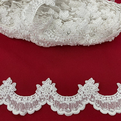Beaded Corded Lace Trim 2" White & Ivory