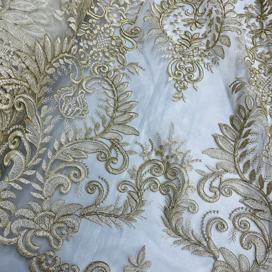 1 Yard Silver Corded Bridal Lace Fabric Embroidered on Polyester Net Mesh Floral Design 52 Inch Width