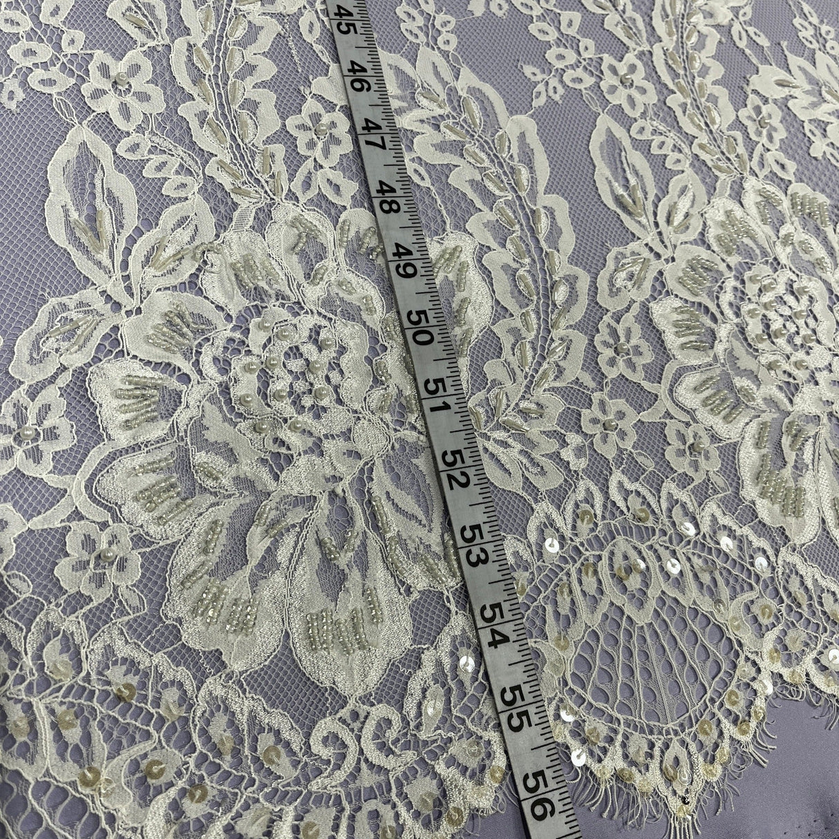 Beaded Chantilly Lace Fabric with Eyelash Scallop, Off White, 3 Yards x 56"