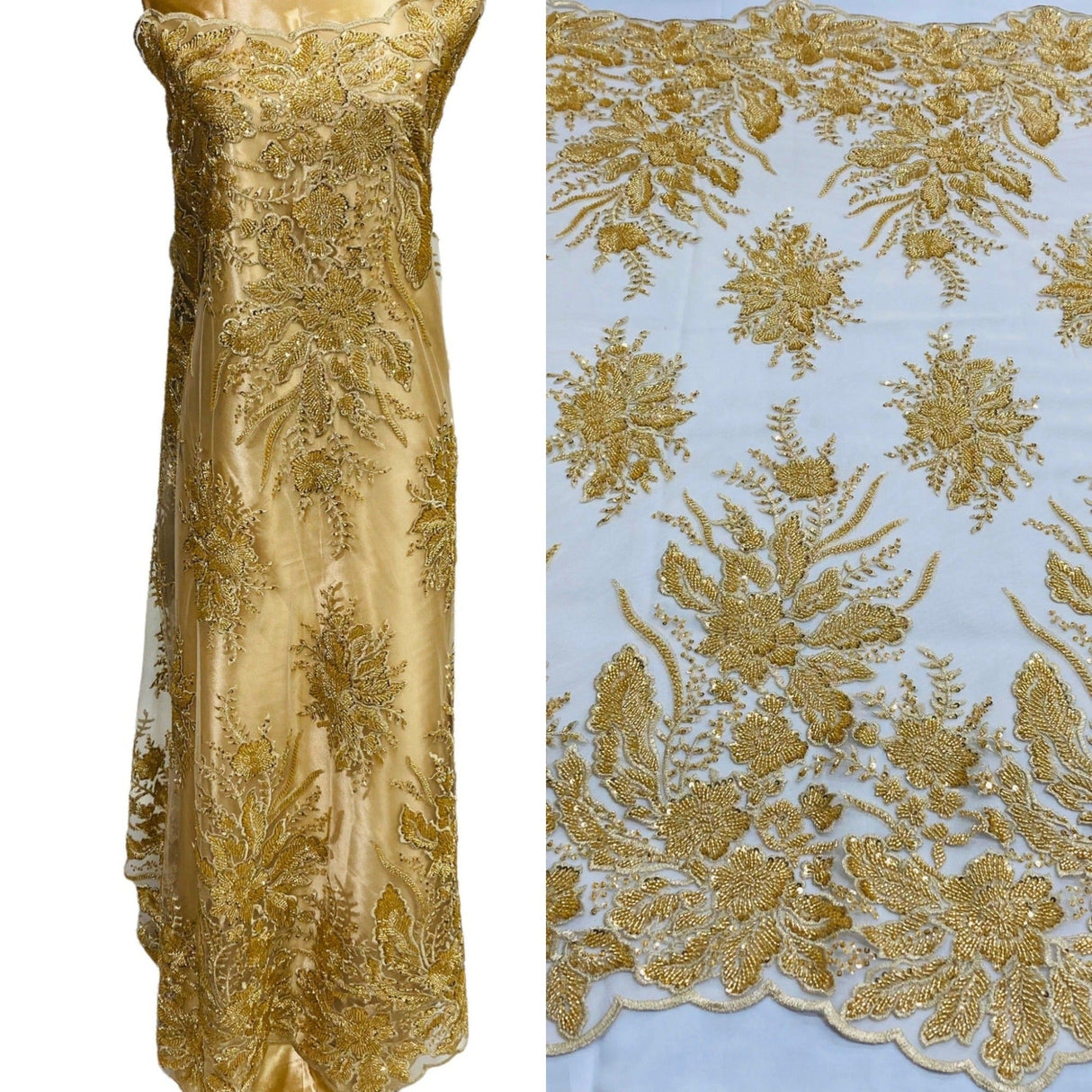 Beaded Lace Fabric on Polyester Net Mesh