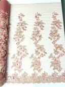 Scarlet 3D Floral Design Lace Fabric - Embroidered Beaded Mesh Lace, Double Scallop, 54" Width (1 Yard)