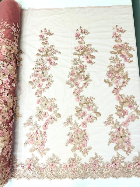 Scarlet 3D Floral Design Lace Fabric - Embroidered Beaded Mesh Lace, Double Scallop, 54" Width (1 Yard)