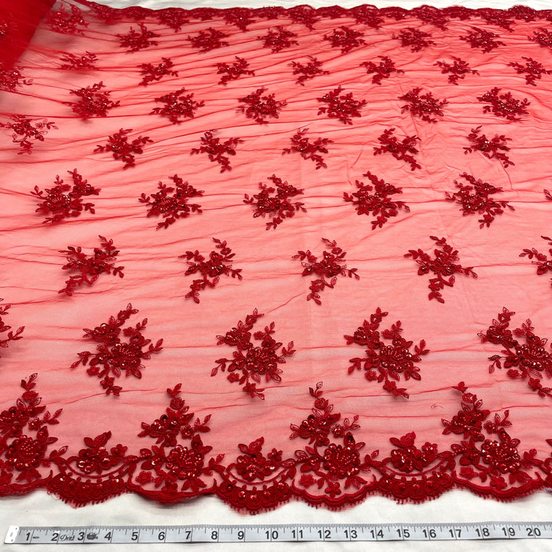 Beaded Corded Bridal Lace Fabric - Red, Silver, Black Embroidered On 100 Percent Polyester Net Mesh, 54" Width (1 Yard)