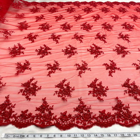 Beaded Corded Bridal Lace Fabric - Red, Silver, Black Embroidered On 100 Percent Polyester Net Mesh, 54" Width (1 Yard)