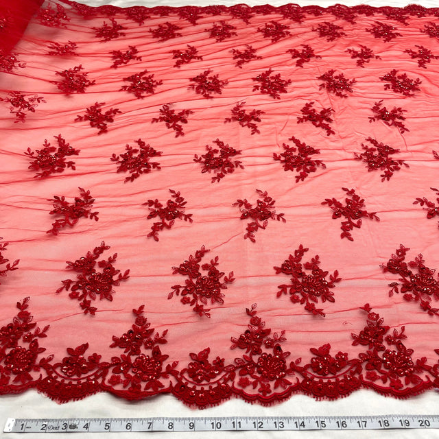 Beaded Corded Bridal Lace Fabric - Red, Silver, Black Embroidered On 100 Percent Polyester Net Mesh, 54" Width (1 Yard)