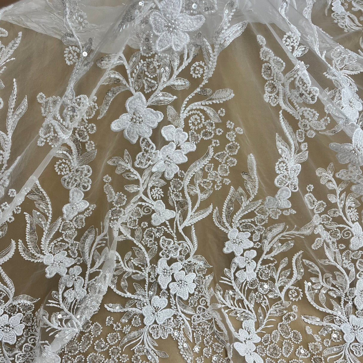 Beaded Lace Fabric Embroidered On 100 Percent Polyester Net Mesh - White, Ivory, Antique Silver, 54" Width (1 Yard)