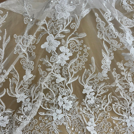 Beaded Lace Fabric Embroidered On 100 Percent Polyester Net Mesh - White, Ivory, Antique Silver, 54" Width (1 Yard)
