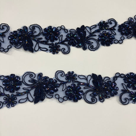 Beaded Corded Lace Trimming Embroidered On 100% Polyester Organza Fabric - 2" Width, 21 Colors (1 Yard)