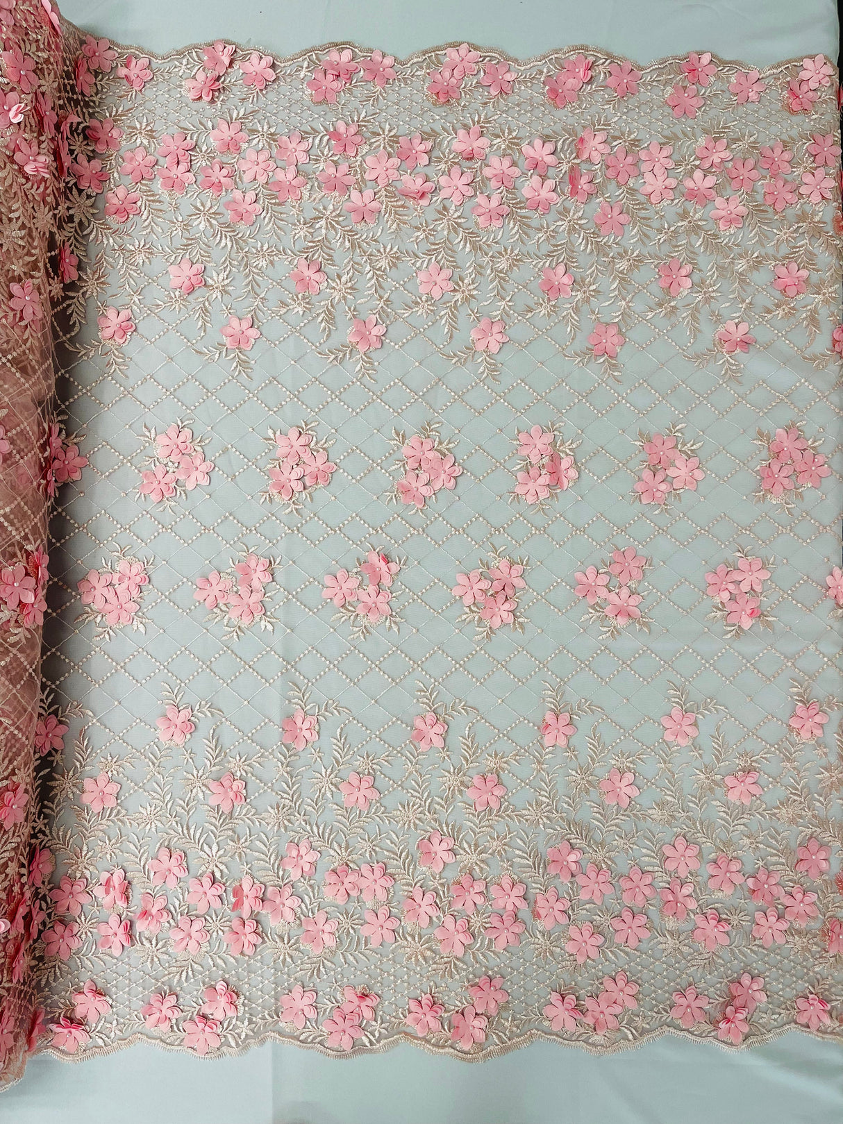 Lia 3D Floral Design Lace Fabric - Beaded Mesh, Double Scallop, 54" Width (1 Yard)
