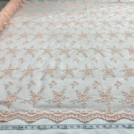 Beaded Lace Fabric Embroidered On 100 Percent Polyester Net Mesh - Peach, Pink, 53" Width (1 Yard)