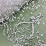 1 Yard Beaded Lace Fabric Embroidered on 100% Polyester Net Mesh Ivory
