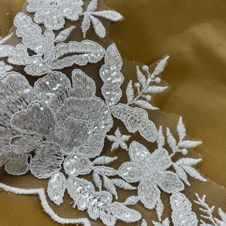 Beaded Corded Floral Lace Trimming 100 Percent Polyester Net Mesh Fabric - White, Gold Metallic, Silver Metallic, Ivory, 6.5" Width (1 Yard)