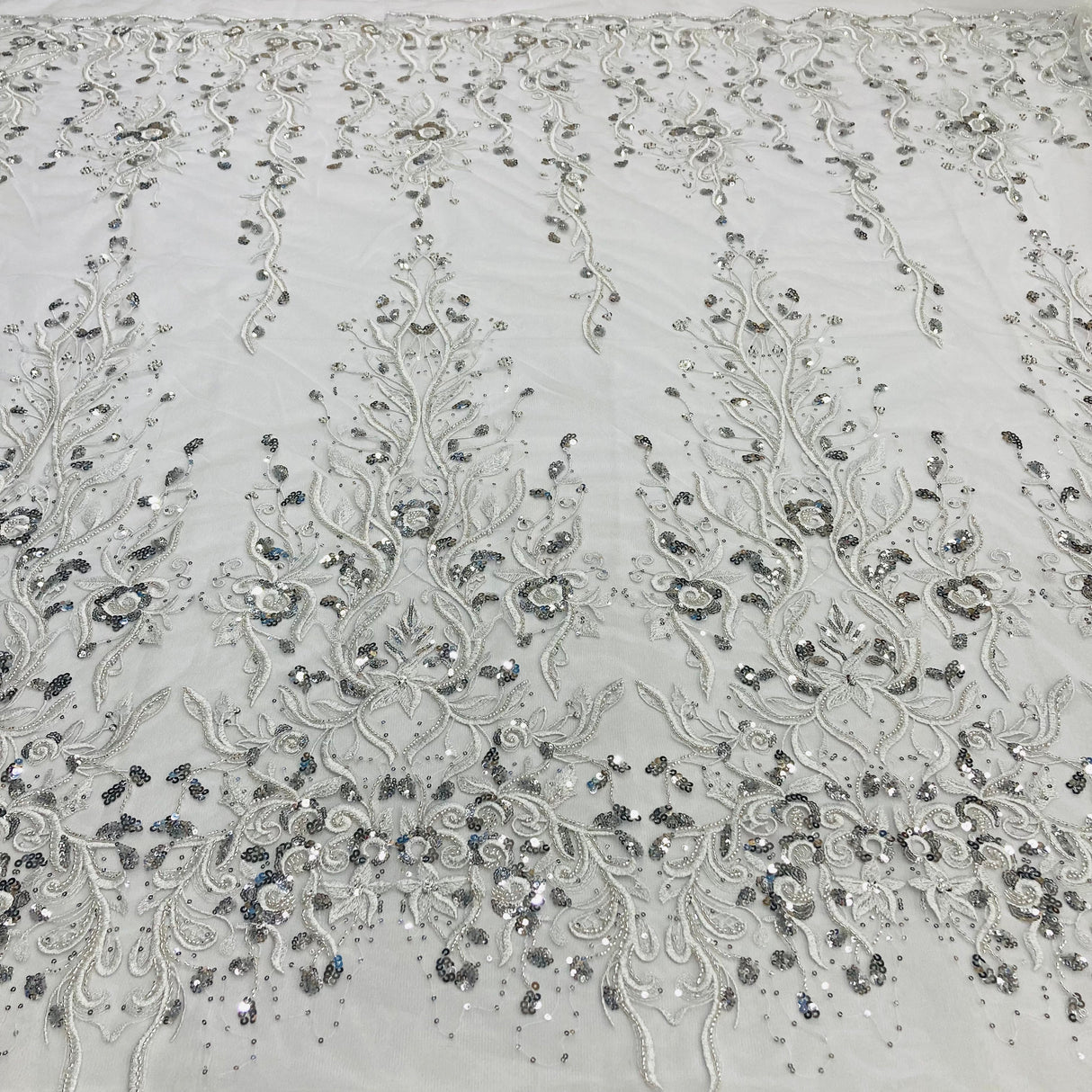 Beaded Lace Fabric on Polyester Net Mesh