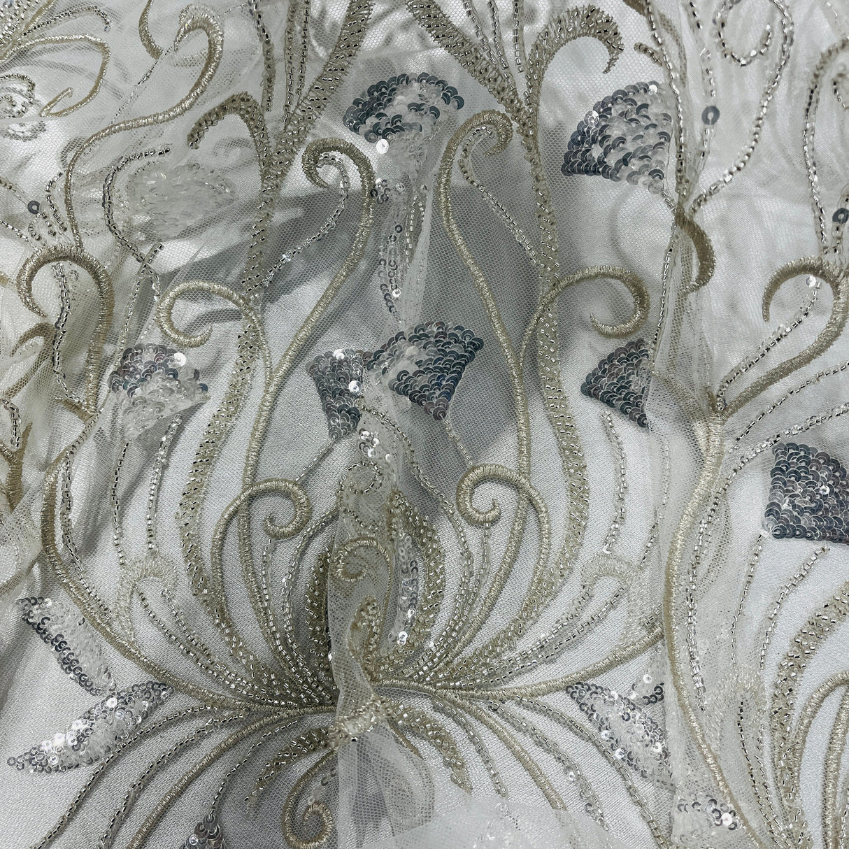 Beaded Lace Fabric Silver Mesh