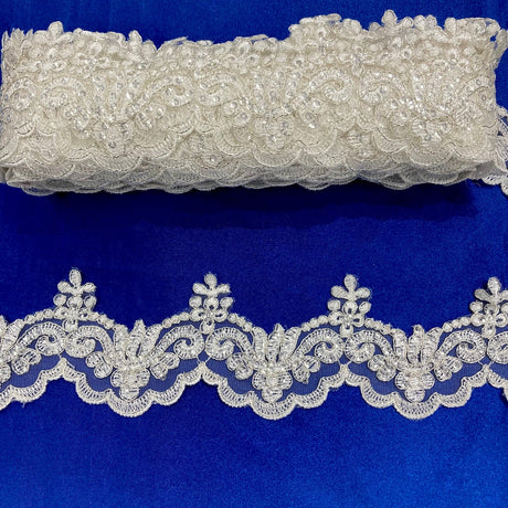 Beaded Corded Lace Trim 3" Polyester Net Mesh