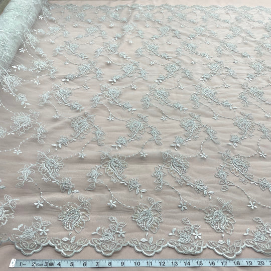 1 Yard Beaded and Corded Bridal Lace Fabric Embroidered on Polyester Net Mesh for Elegant Wedding Gowns – 50"
