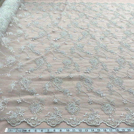 1 Yard Beaded and Corded Bridal Lace Fabric Embroidered on Polyester Net Mesh for Elegant Wedding Gowns – 50"