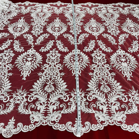 1 Yard Beaded and Corded Bridal Lace Fabric White