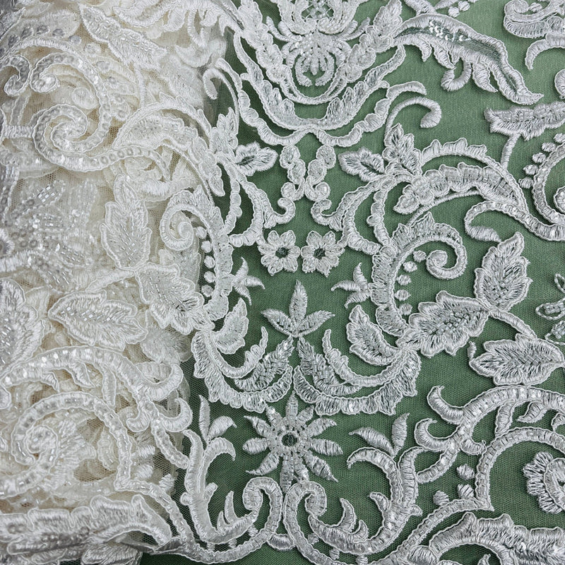 1 Yard Beaded & Corded Bridal Lace Fabric Embroidered on 100% Polyester Net Mesh | Ivory 53 Inches Width