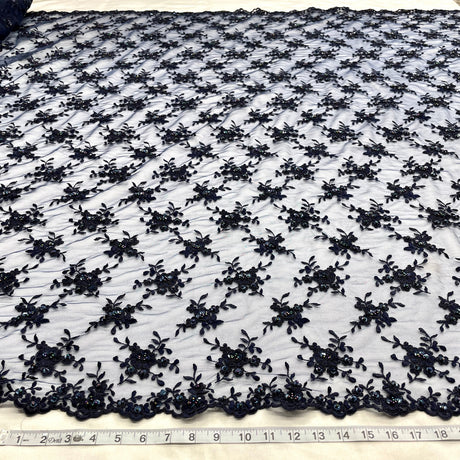 Beaded Corded Bridal Lace Black Mesh