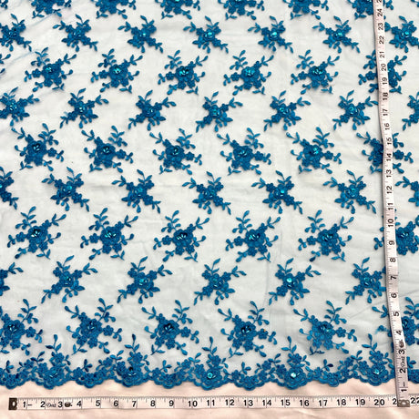 Beaded Corded Bridal Lace Fabric - Embroidered On 100 Percent Polyester Net Mesh, 52" Width (1 Yard)