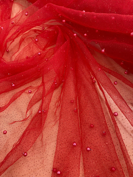 1 Yard Glitter Mesh Fabric with Scattered Pearls | 2 Way Stretch | 60" Wide | Soft Tulle for Gowns, Veils & Couture Projects