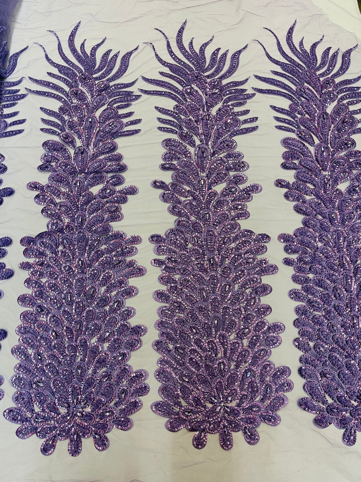 New Vegas Heavy Beaded Feather Design Embroidery Mesh Fabric - Beaded Feather Design, 11" Width, 50" Length (1 Panel)