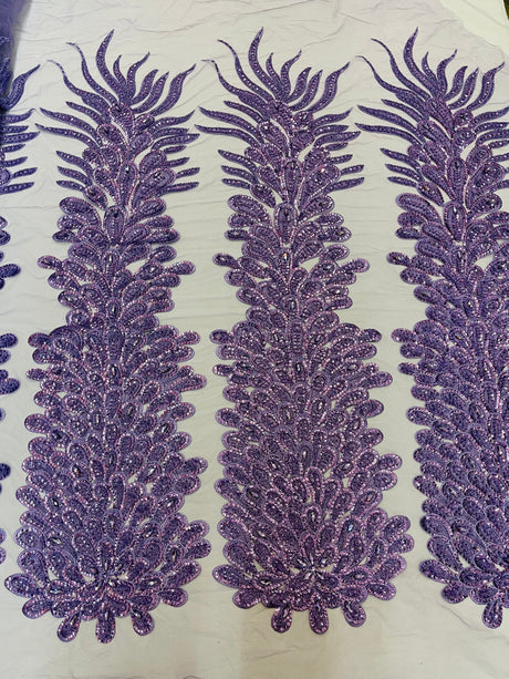 New Vegas Heavy Beaded Feather Design Embroidery Mesh Fabric - Beaded Feather Design, 11" Width, 50" Length (1 Panel)