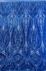 Feather Damask Shiny Sequin Design 4 Way Stretch Mesh Fabric - Iridescent Sequin Embroidered Mesh, 48-50" Width, 36" Length (1 Yard)