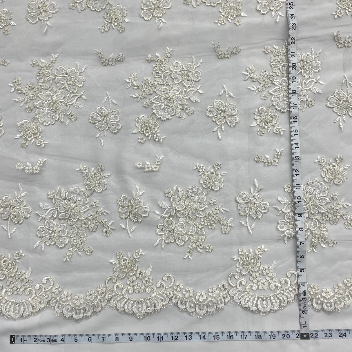 Beaded Lace Fabric Embroidered On 100 Percent Polyester Net Mesh - Ivory With Silver, White With Silver, 54" Width (1 Yard)