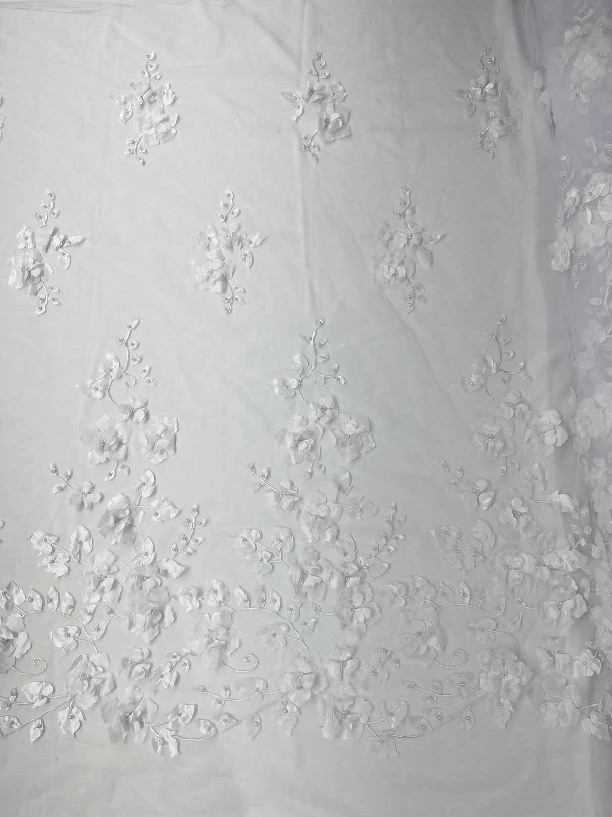 Orquidia 3D Floral Design Embroidered With Pearls Lace Fabric - 3D Floral Mesh Lace, 54" Width (1 Yard)