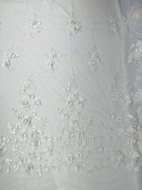 Orquidia 3D Floral Design Embroidered With Pearls Lace Fabric - 3D Floral Mesh Lace, 54" Width (1 Yard)
